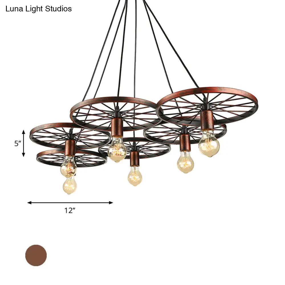 Vintage Industrial Hanging Light with Wheel Design and Multiple Heads - Black/Rust Metal Ceiling Fixture