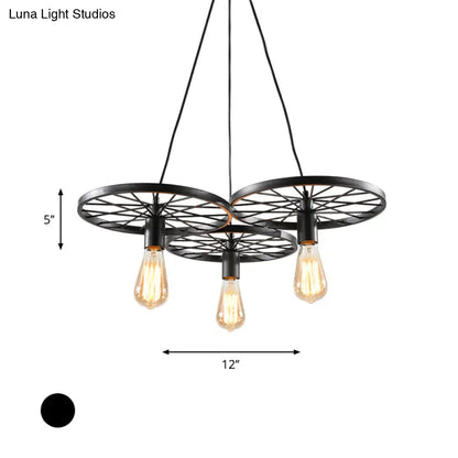 Vintage Industrial Hanging Light with Wheel Design and Multiple Heads - Black/Rust Metal Ceiling Fixture