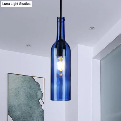 Vintage Industrial Hanging Pendant Light with Wine Bottle Shade - Glass Brown/Blue, 1 Light