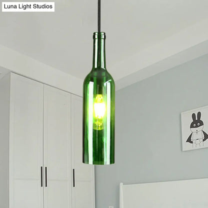 Vintage Industrial Hanging Pendant Light with Wine Bottle Shade - Glass Brown/Blue, 1 Light