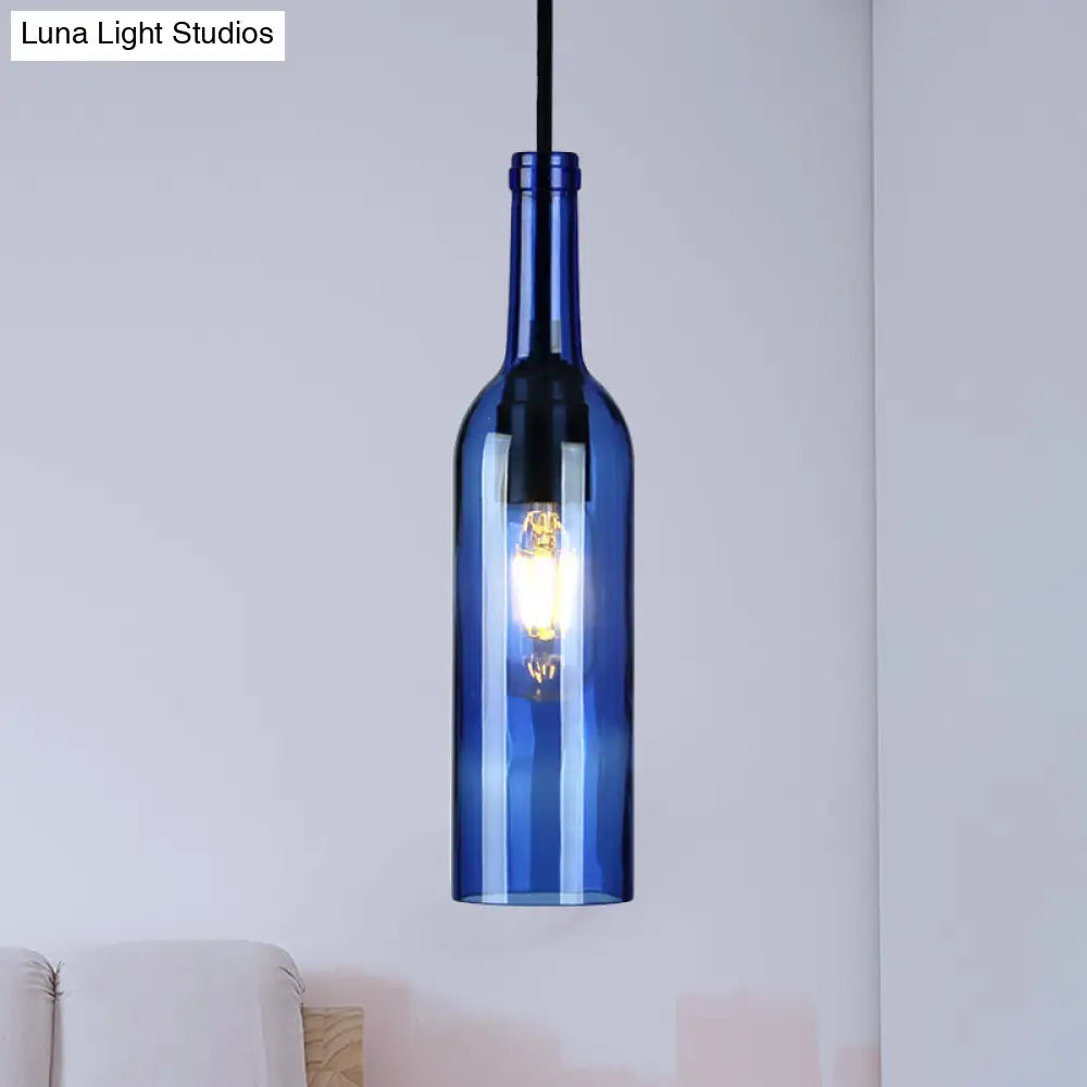 Vintage Industrial Hanging Pendant Light with Wine Bottle Shade - Glass Brown/Blue, 1 Light