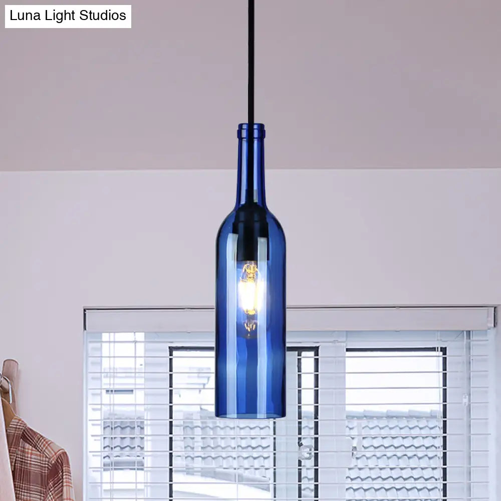 Vintage Industrial Hanging Pendant Light with Wine Bottle Shade - Glass Brown/Blue, 1 Light