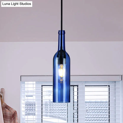 Vintage Industrial Hanging Pendant Light with Wine Bottle Shade - Glass Brown/Blue, 1 Light