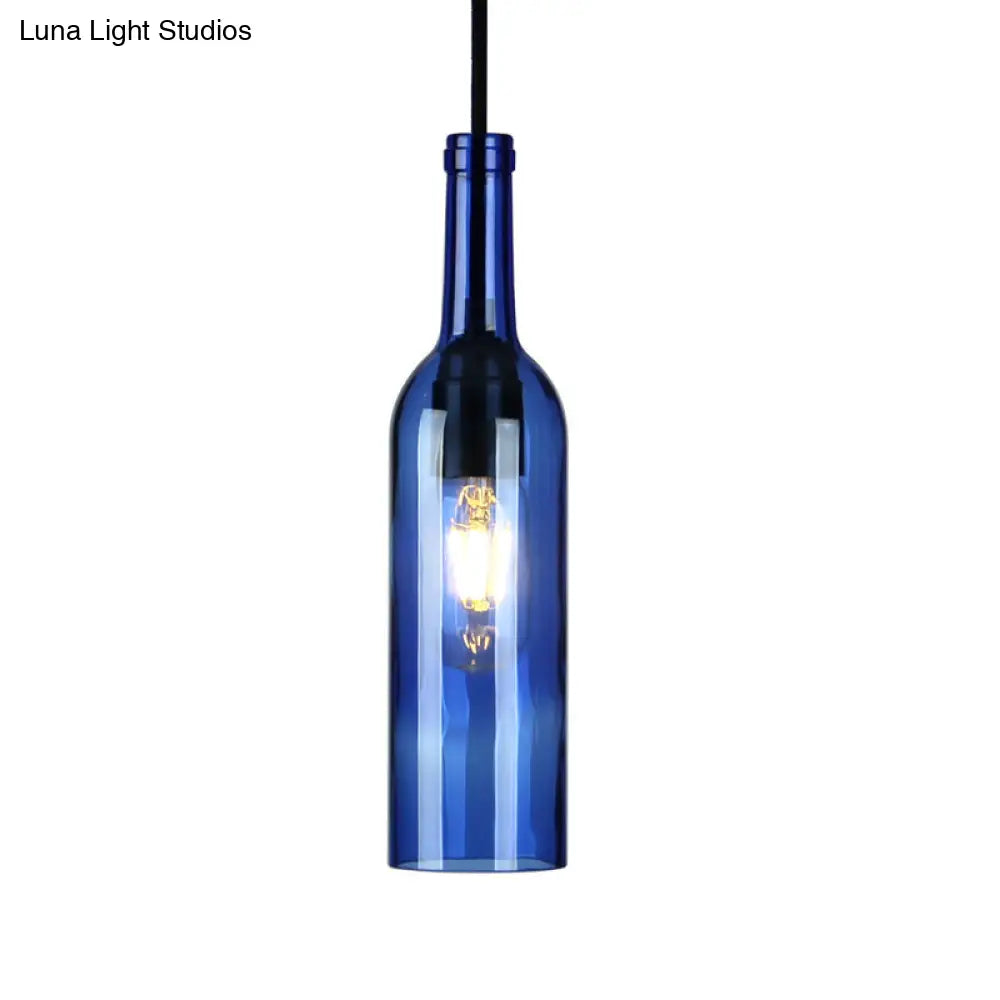 Vintage Industrial Hanging Pendant Light with Wine Bottle Shade - Glass Brown/Blue, 1 Light