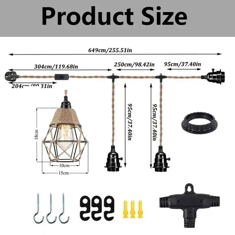 Vintage industrial pendant light with black metal cage, natural hemp rope top, and exposed edison bulb for dining room