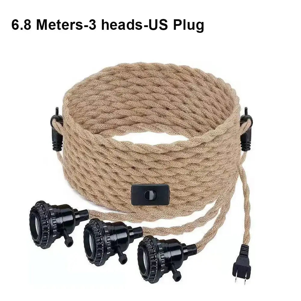 Vintage industrial hemp rope pendant light with beige 6.8m coiled cable, three black sockets, and integrated switch