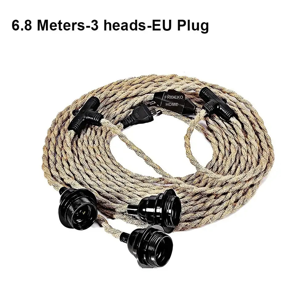 Beige braided hemp rope pendant light with three black lamp sockets and eu plug for vintage industrial decor
