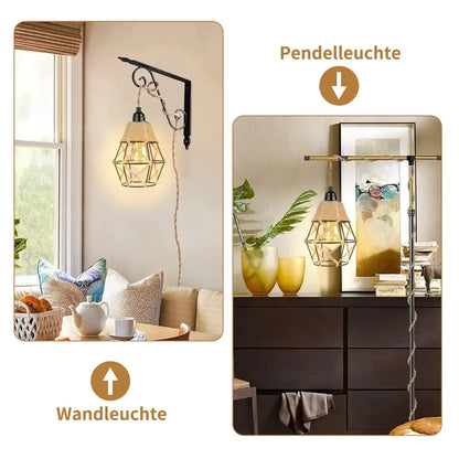 Vintage industrial pendant light with geometric brass, woven rattan shade, hemp rope, and black wrought iron bracket