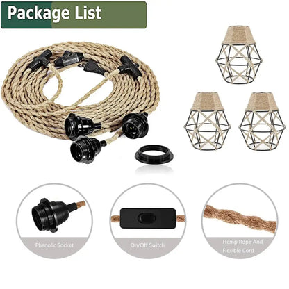 Vintage industrial pendant light made of natural hemp rope with black phenolic sockets and matching on off switch