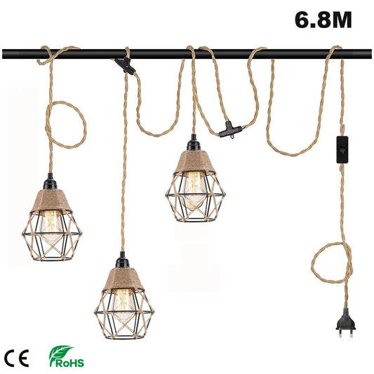 Vintage Industrial Hemp Rope Plug-In Pendant Light - Decorbites