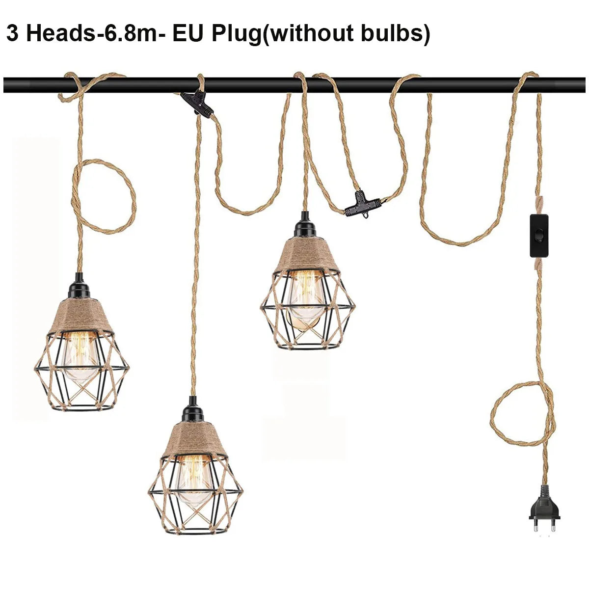 Vintage Industrial Hemp Rope Plug-In Pendant Light