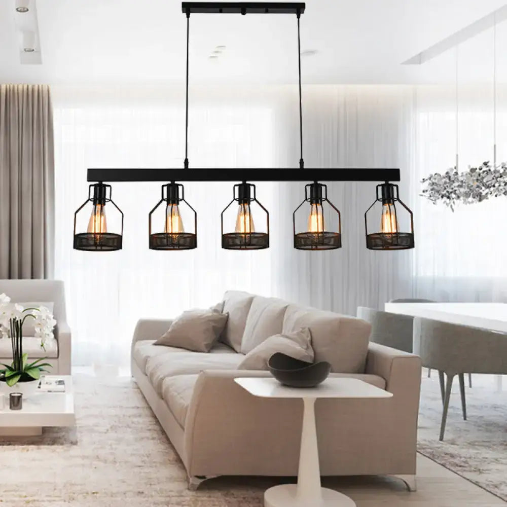 Black DecorBites™ vintage industrial island light with five filament bulbs and wire guard metal cages