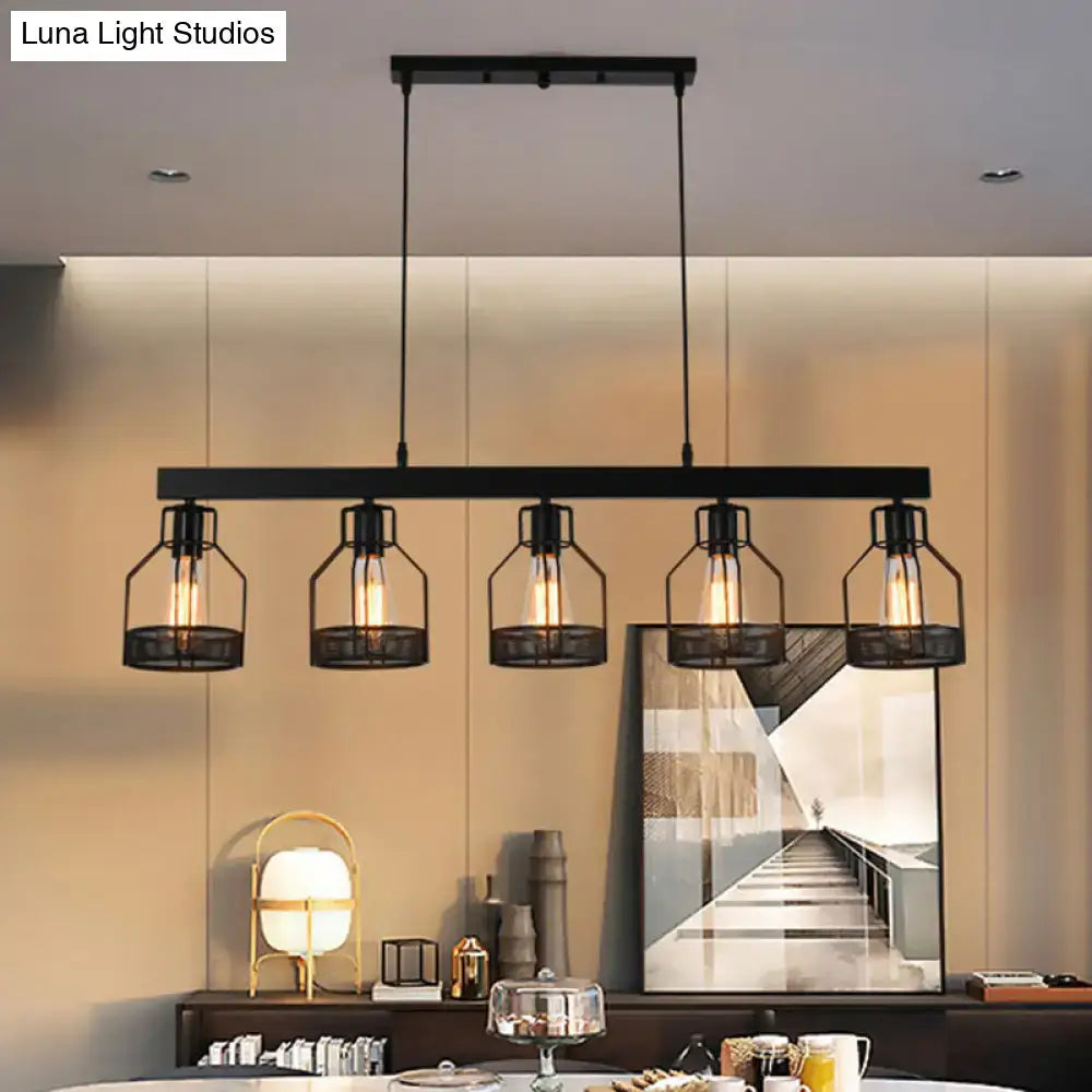 Decorbites™ vintage industrial island light with five exposed filament bulbs and black wire guard metal cages
