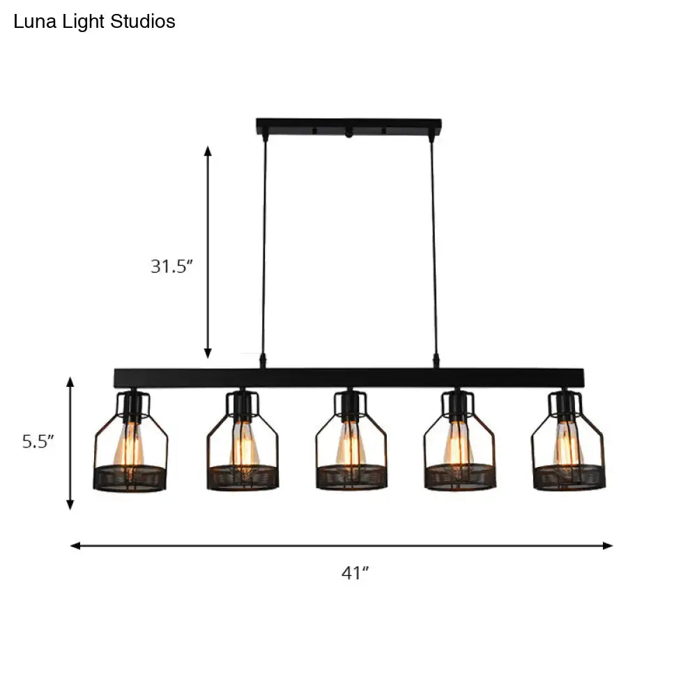 Decorbites vintage industrial island light wire guard metal fixture with five black cage shades and filament bulbs