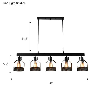 Decorbites vintage industrial island light wire guard metal fixture with five black cage shades and filament bulbs