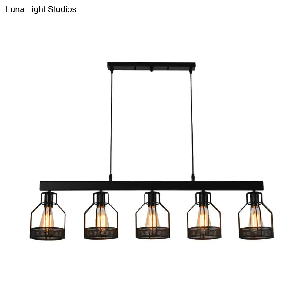 Black DecorBites™ vintage industrial island light with wire guard metal cages and five exposed filament bulbs