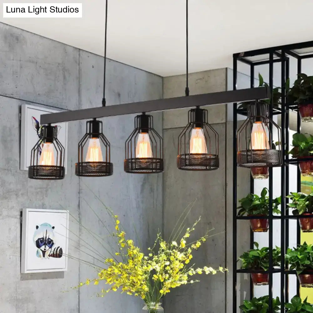 DecorBites vintage industrial island light with black wire guard metal frame and five exposed Edison bulbs