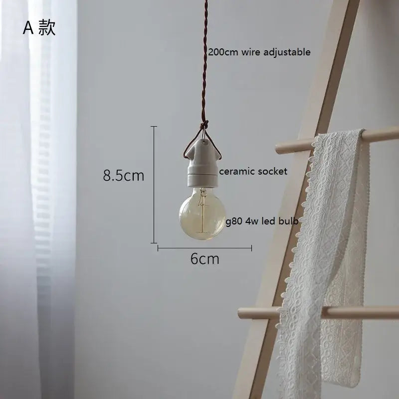 Vintage industrial matte white ceramic led pendant lamp with clear glass bulb and braided brown wire for kitchen decorbites ceramic led