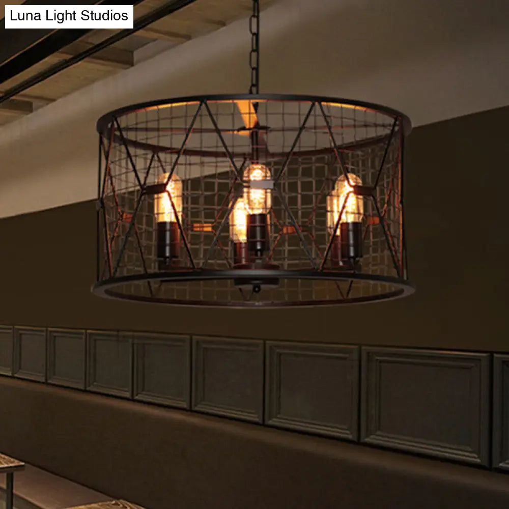Vintage Industrial Metal 6-Light Pendant Chandelier with Trellis Drum Design