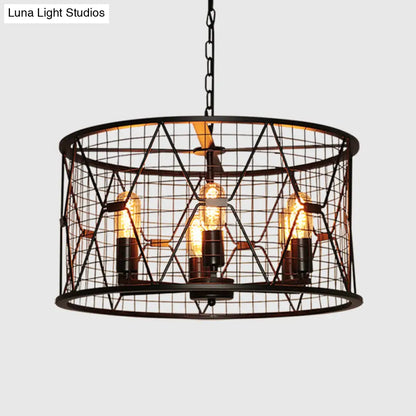 Vintage Industrial Metal 6-Light Pendant Chandelier with Trellis Drum Design