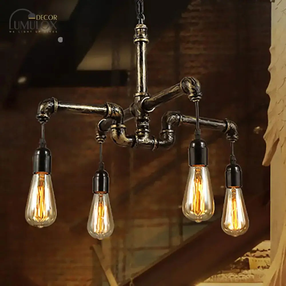 DecorBites™ vintage industrial metal and glass chandelier with dark rustic pipe frame and four glowing filament bulbs