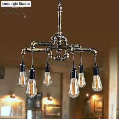 DecorBites™ vintage industrial metal and glass chandelier with antique brass finish and five hanging edison bulbs