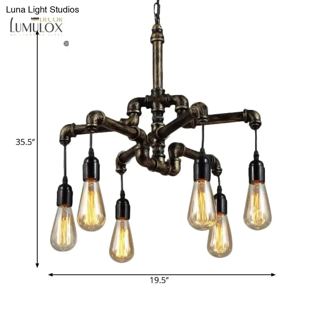 DecorBites vintage industrial metal and glass chandelier with dark bronze pipes and six amber filament bulbs for living room