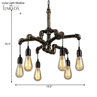 DecorBites vintage industrial metal and glass chandelier with dark bronze pipes and six amber filament bulbs for living room