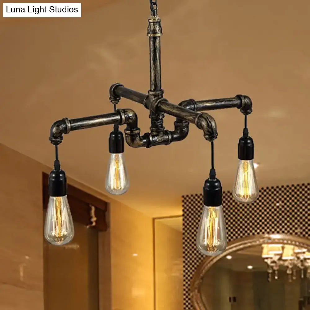 Industrial-style chandelier with dark rustic metal pipes and four exposed filament bulbs for living room lighting