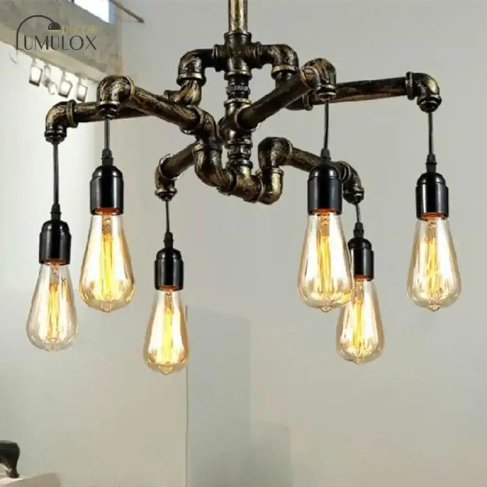 DecorBites™ vintage industrial metal and glass living room hanging light with dark rustic pipe chandelier and five amber bulbs