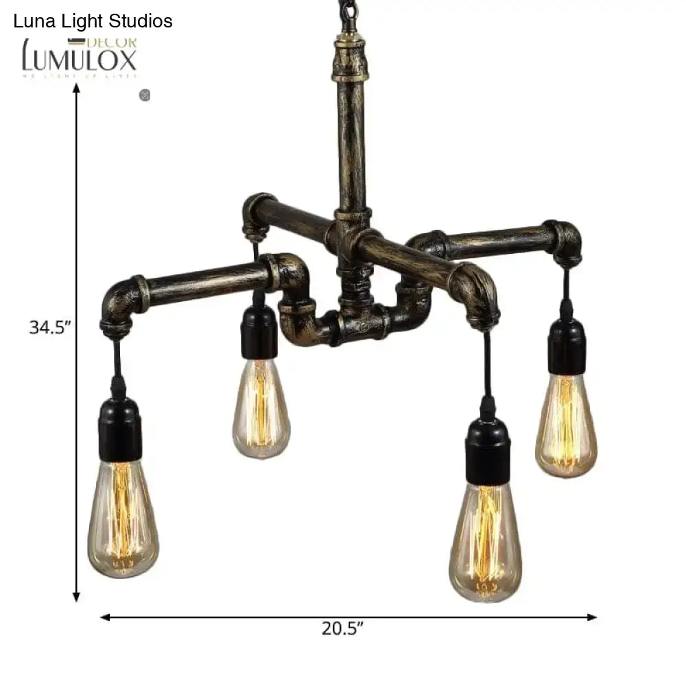 DecorBites vintage industrial metal and glass hanging light with four exposed filament bulbs and dark bronze finish