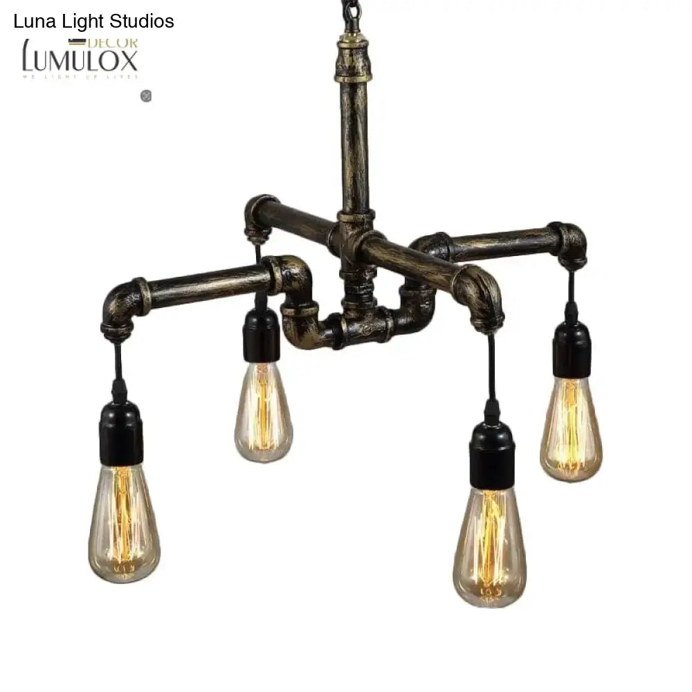 DecorBites vintage industrial metal and glass chandelier with dark bronze pipe structure and four glowing amber bulbs