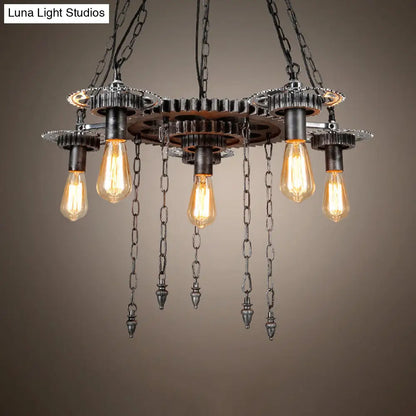 Vintage Industrial Metal Ceiling Lamp with 6 Aged Silver Gear Design Heads