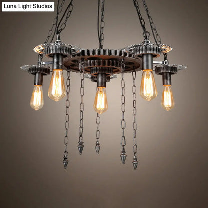 Vintage Industrial Metal Ceiling Lamp with 6 Aged Silver Gear Design Heads