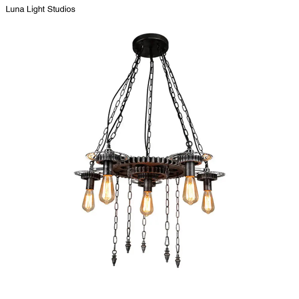 Vintage Industrial Metal Ceiling Lamp with 6 Aged Silver Gear Design Heads