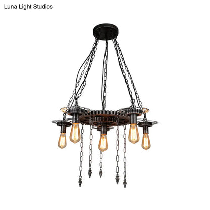 Vintage Industrial Metal Ceiling Lamp with 6 Aged Silver Gear Design Heads