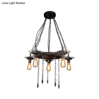 Vintage Industrial Metal Ceiling Lamp with 6 Aged Silver Gear Design Heads
