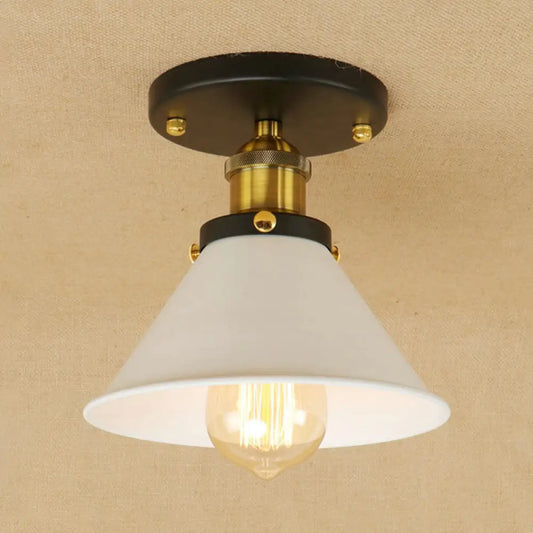 DecorBites™ DecorBites™ Vintage Industrial Metal Ceiling Light Fixture - Semi-Flush Mount - Conic Shade - White/Brass