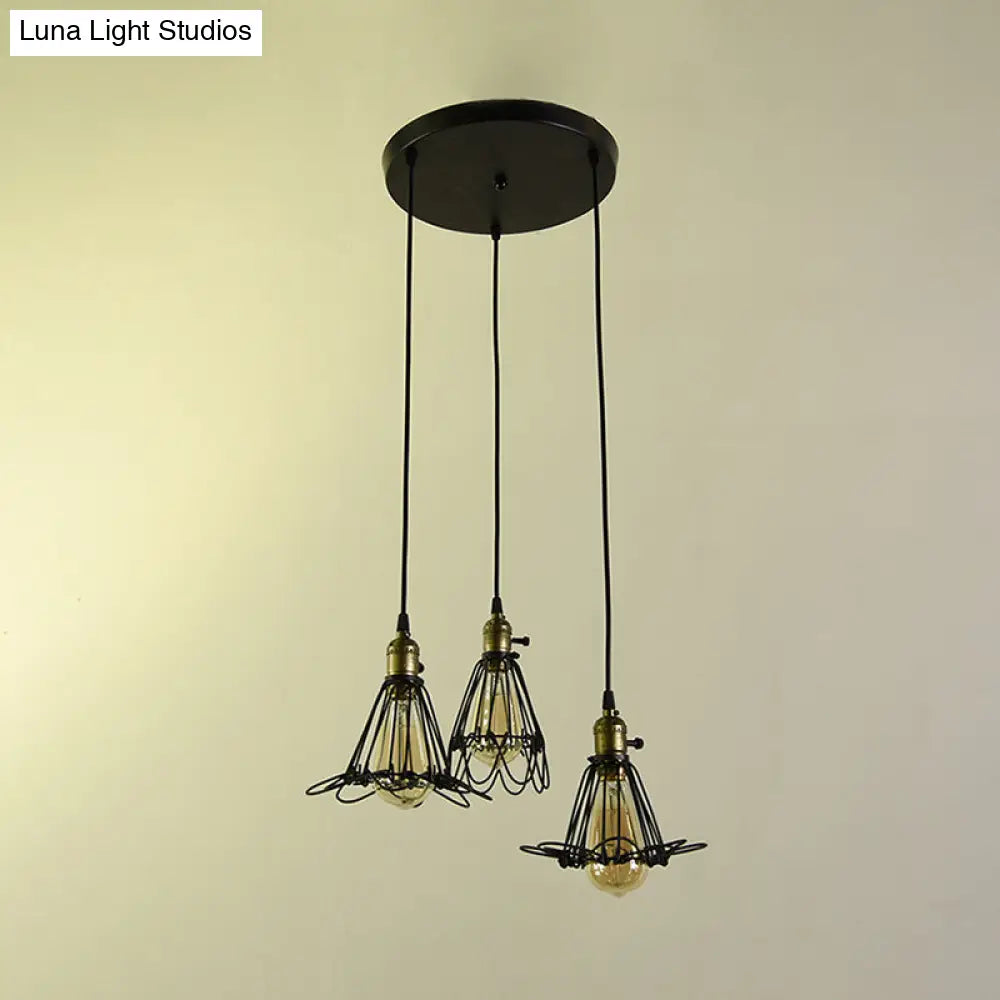 Vintage Industrial Metal Pendant Light - Farmhouse Hanging Lamp with Petal Design (Black, 3 Bulbs)