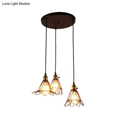 Vintage Industrial Metal Pendant Light - Farmhouse Hanging Lamp with Petal Design (Black, 3 Bulbs)