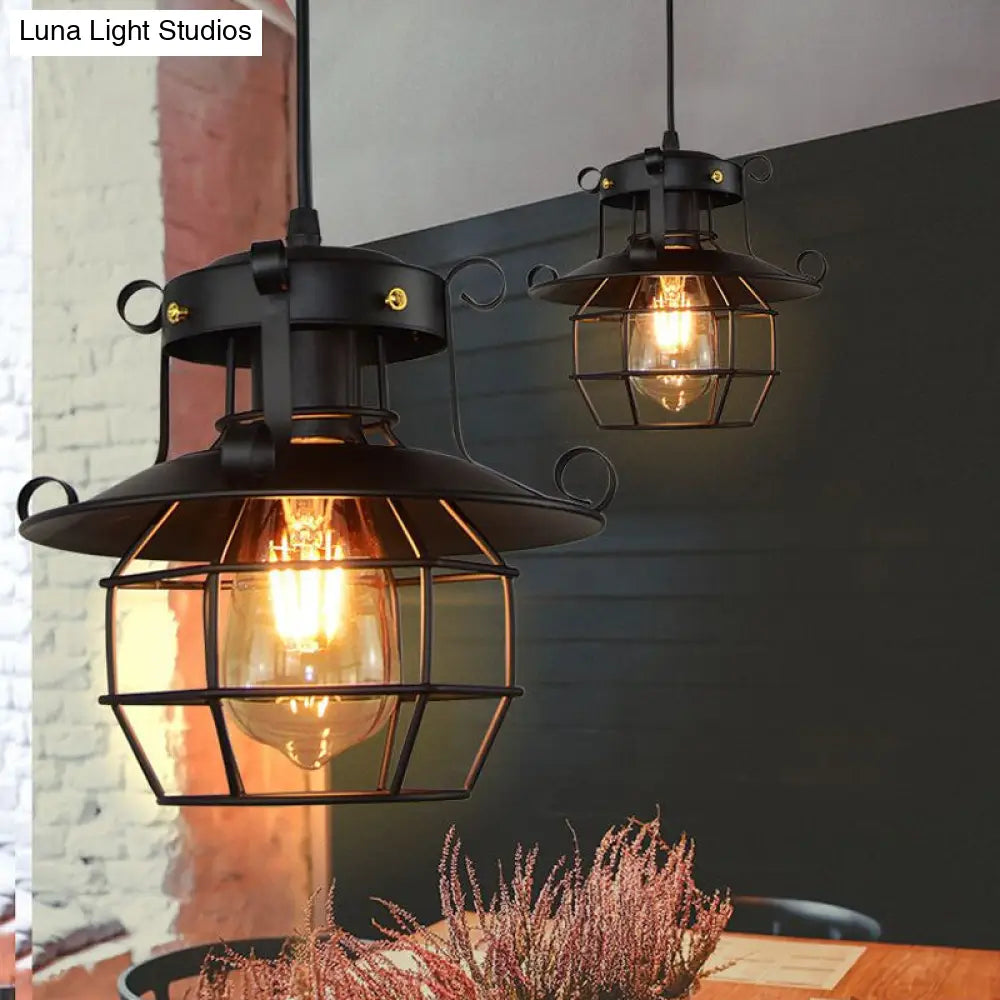 Vintage Industrial Satin Black Iron Pendant Lamp with Dome Cage Shade – Restaurant Ceiling Fixture