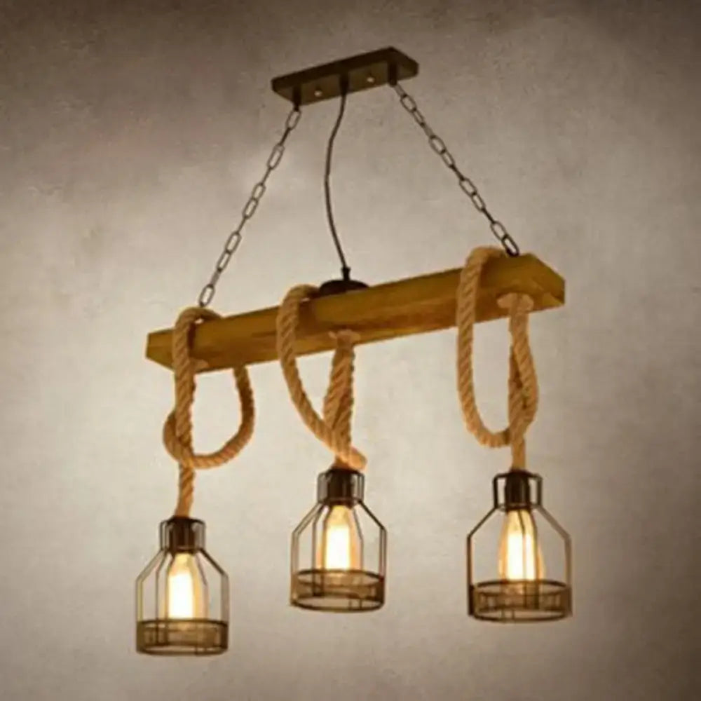 DecorBites vintage style island lighting fixture with rustic wooden beam and natural rope supporting clear glass lights