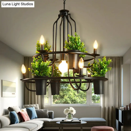 Vintage Iron 7-Light Candelabra Chandelier Pendant with Faux Potted Plant for Restaurants