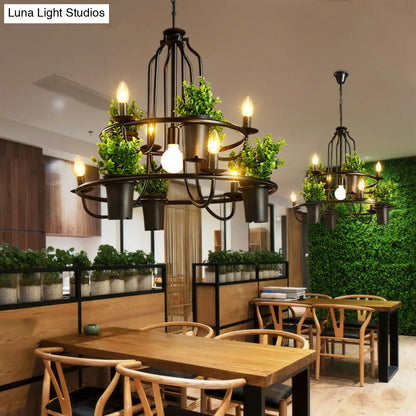Vintage Iron 7-Light Candelabra Chandelier Pendant with Faux Potted Plant for Restaurants