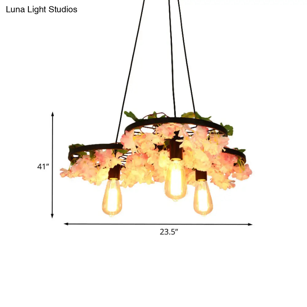 Vintage Iron Chandelier with Flower Detail - 3/6 Head Pendant Light in Black