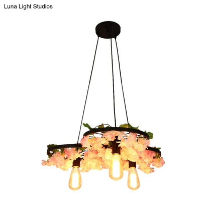 Vintage Iron Chandelier with Flower Detail - 3/6 Head Pendant Light in Black