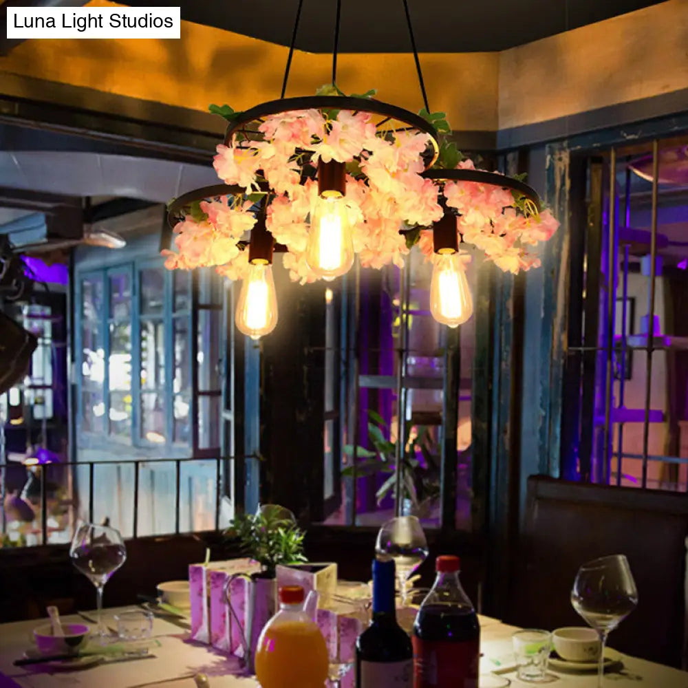 Vintage Iron Chandelier with Flower Detail - 3/6 Head Pendant Light in Black