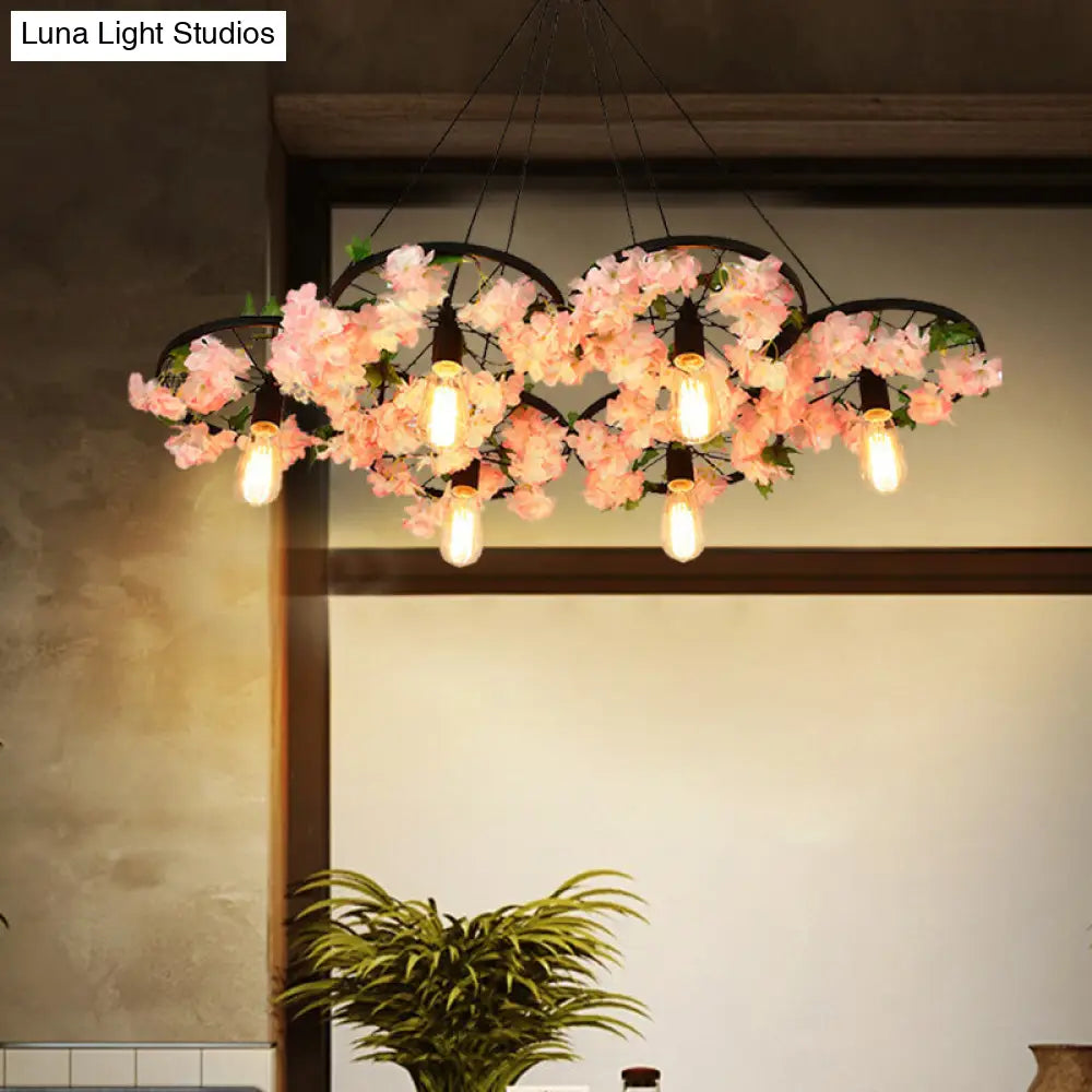 Vintage Iron Chandelier with Flower Detail - 3/6 Head Pendant Light in Black