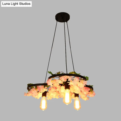 Vintage Iron Chandelier with Flower Detail - 3/6 Head Pendant Light in Black