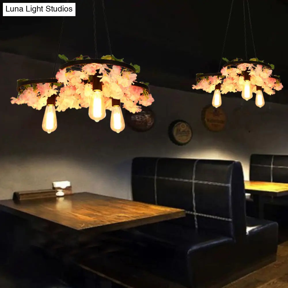 Vintage Iron Chandelier with Flower Detail - 3/6 Head Pendant Light in Black